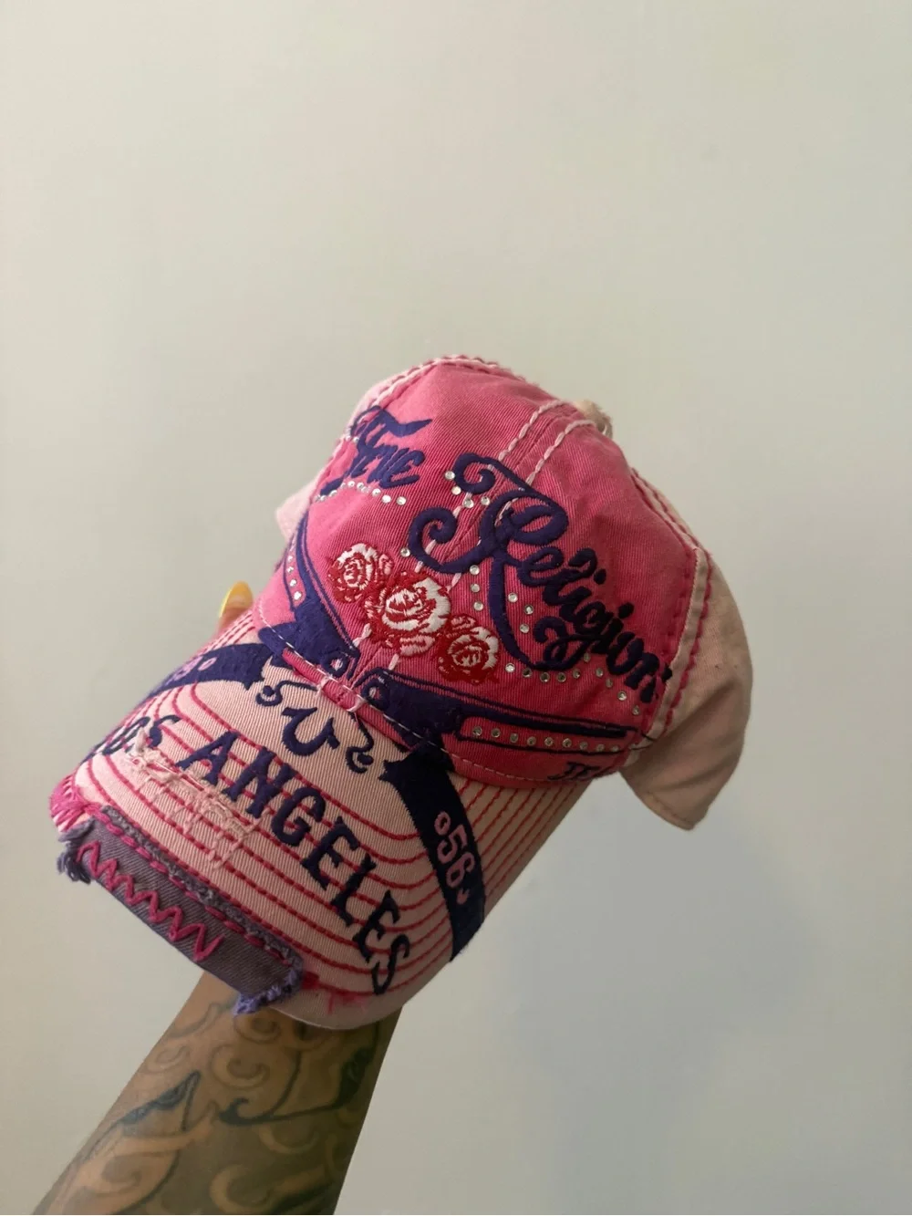 Y2K True Religion Pink Embellished Los Angeles Cap three roses